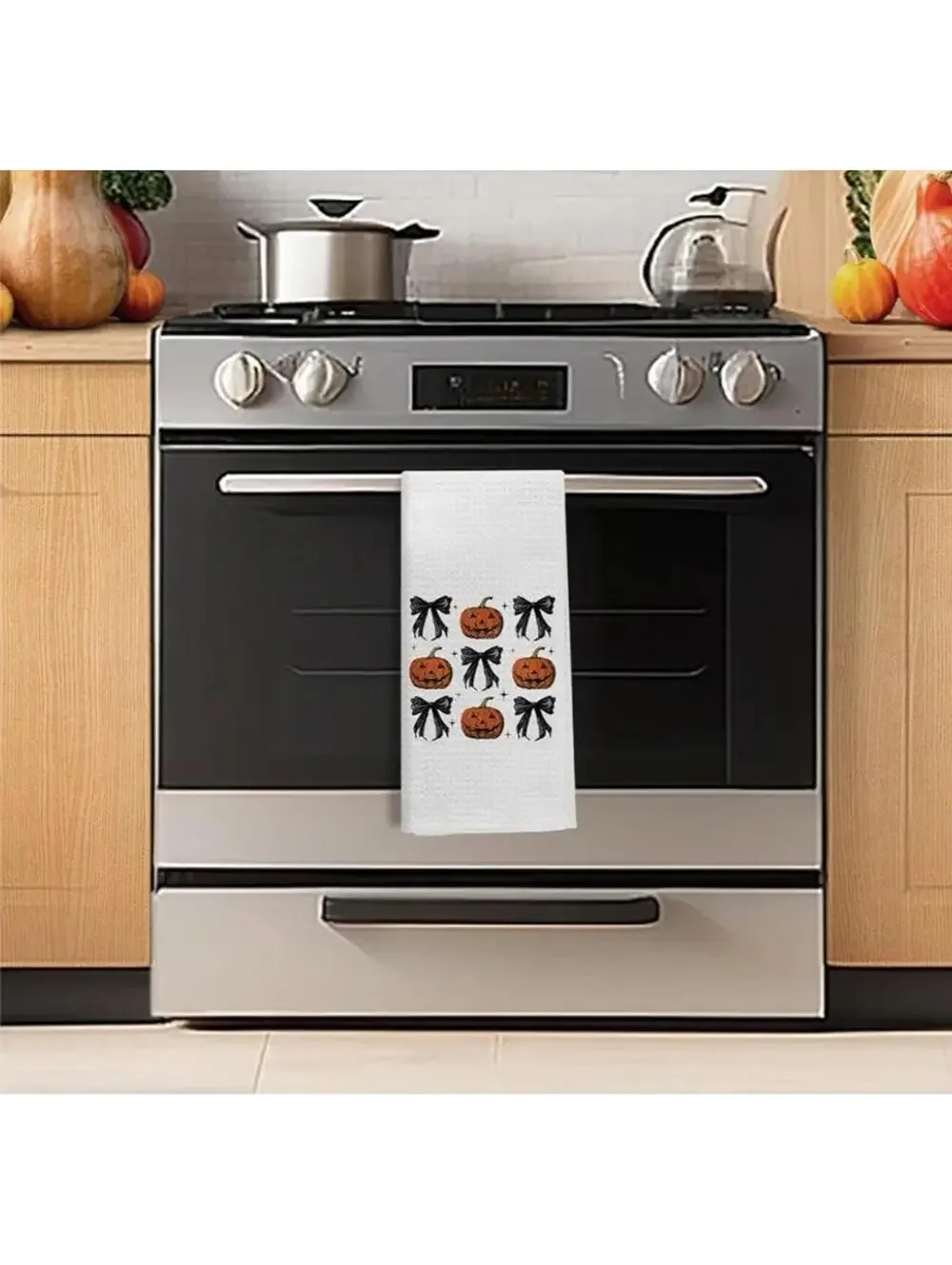 Halloween Kitchen Hand Towels Black Pumpkin & Coquette Bow